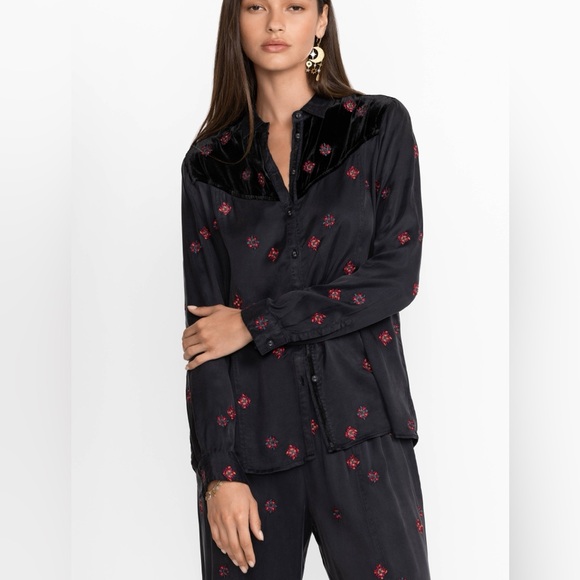 Johnny Was Silk Blend Maxine Western Seamed Embroidered Button Down Shirt